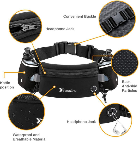 Running Belt with Water Bottles (2 X 175Ml) Hydration Belt Waterproof Waist Pack Fits Iphone Adjustable Sports Waist Pack for Marathon Running Hiking Cycling