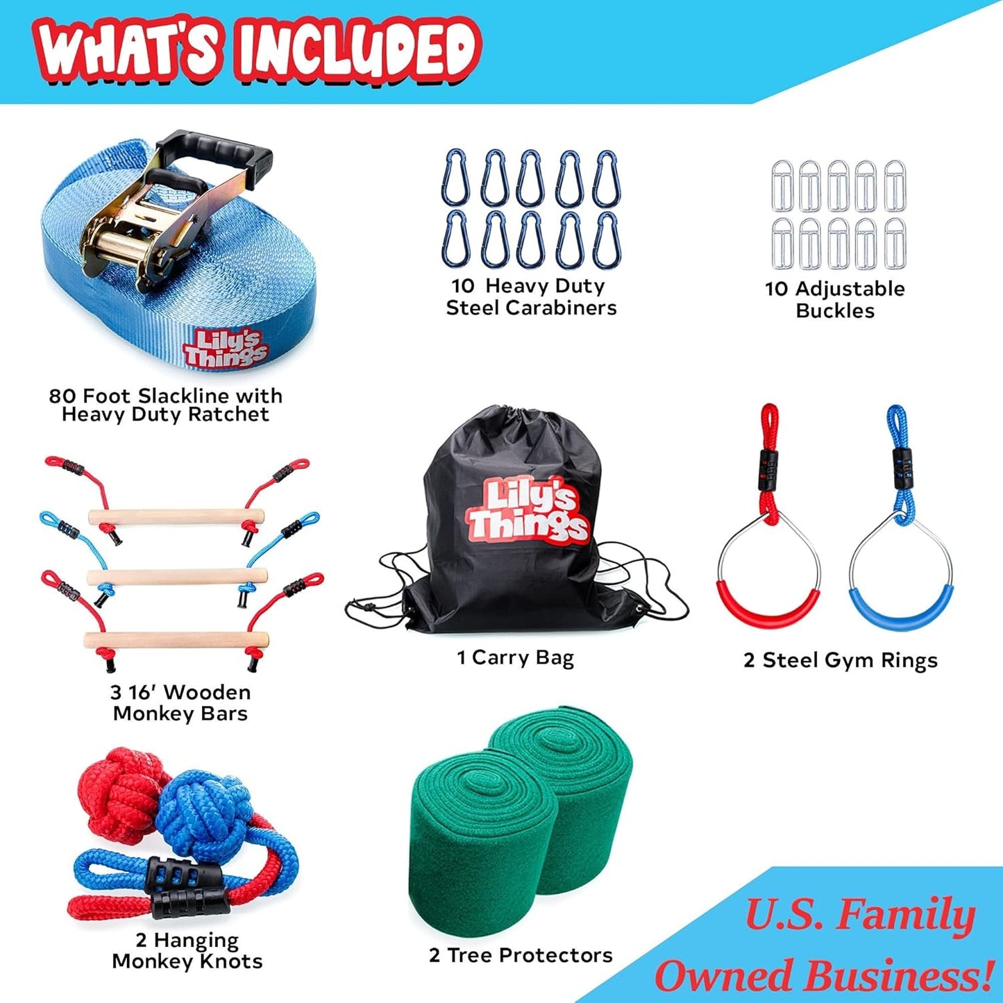 Double Ninja Slackline Obstacle Course for Kids - 80 Foot Line - Monkey Bars Playground Equipment - Ninja Warrior Course with Monkey Bars for Kids - Ninja Ropes Course - Patented Double Line Design