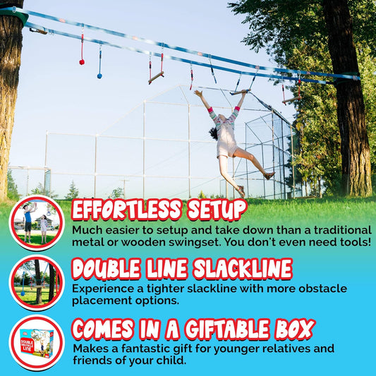 Double Ninja Slackline Obstacle Course for Kids - 80 Foot Line - Monkey Bars Playground Equipment - Ninja Warrior Course with Monkey Bars for Kids - Ninja Ropes Course - Patented Double Line Design