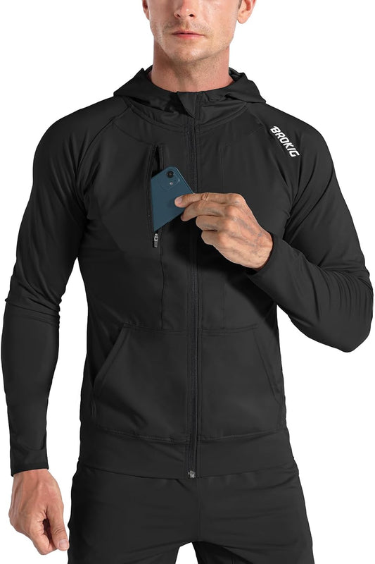 Mens Zip Hoodies, Lightweight Sweatshirts Gym Running Jumper Jackets with Pockets