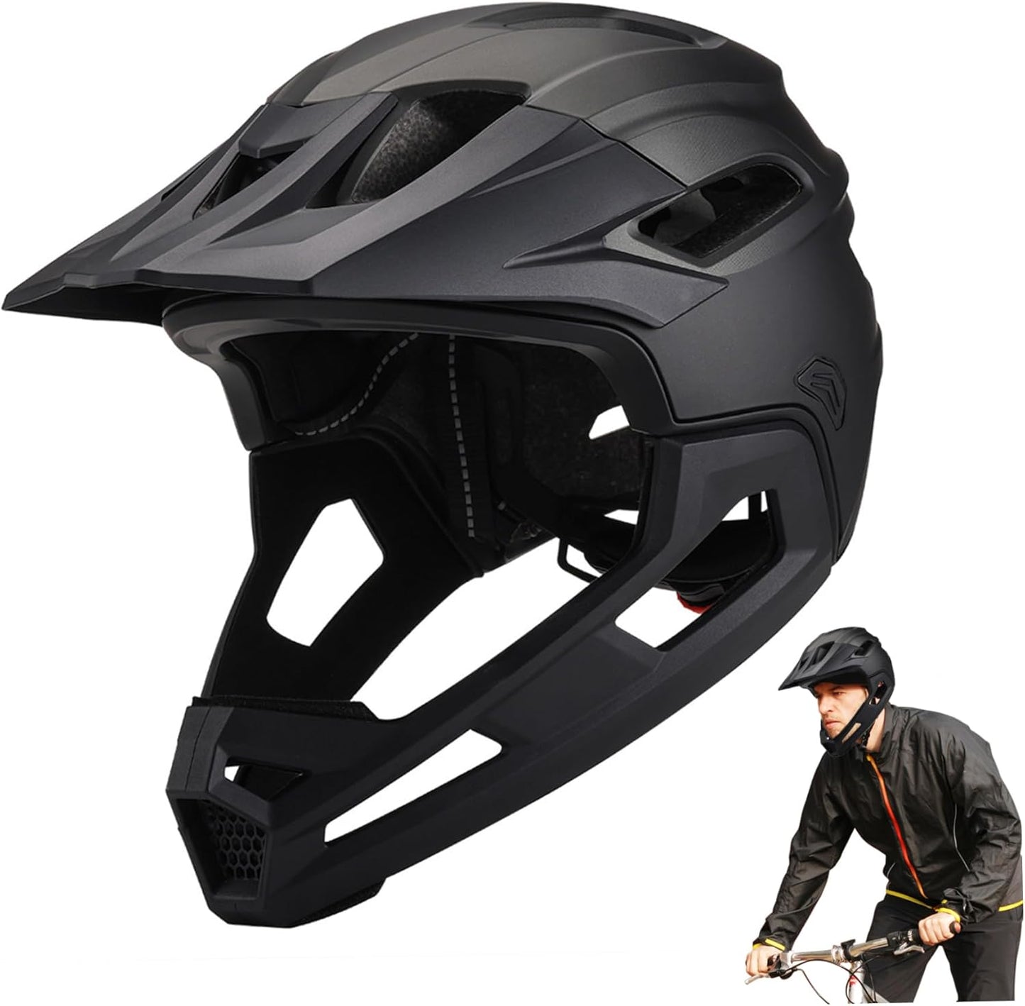 Full Face Helmet, Mountain Bike Helmet for Adult Breathable Shock-Proof PC Full Face Bike with Detachable Chin Holder & Visor Adjustable Black for Biking, Adult