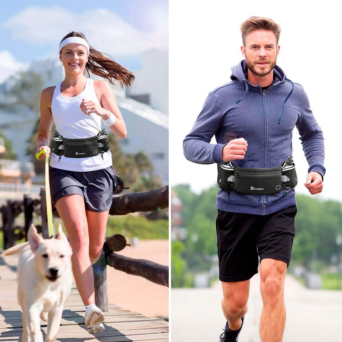 Running Belt with Water Bottles (2 X 175Ml) Hydration Belt Waterproof Waist Pack Fits Iphone Adjustable Sports Waist Pack for Marathon Running Hiking Cycling