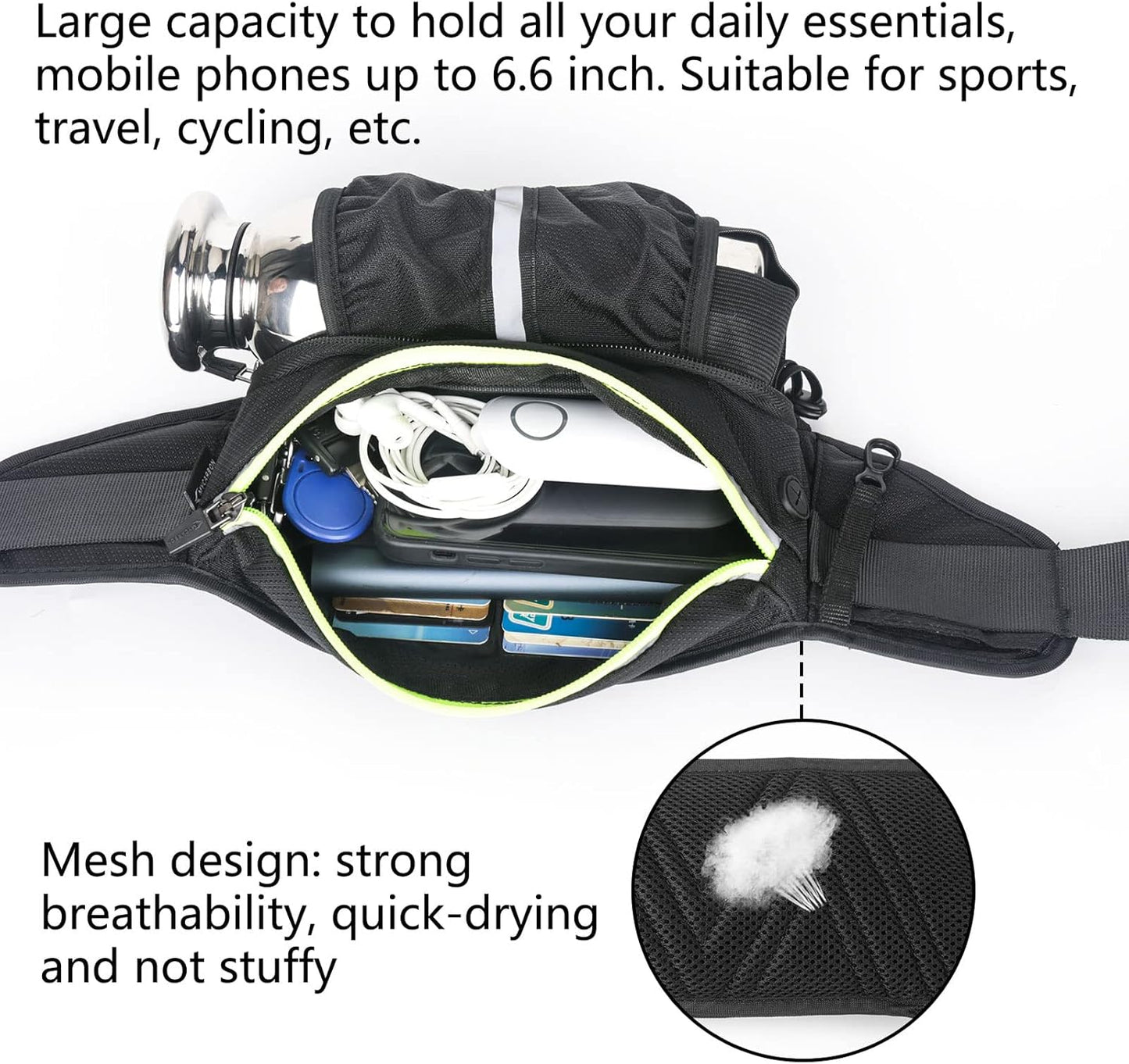 Running Belt with Water Bottle Holder Waterproof Bum Bag Cycling Waist Bag Jogging Belt Dog Walking Bag for Travel Holidays Camping Hiking Outdoor Fit for Iphone Pro Max Huawei Sumsung
