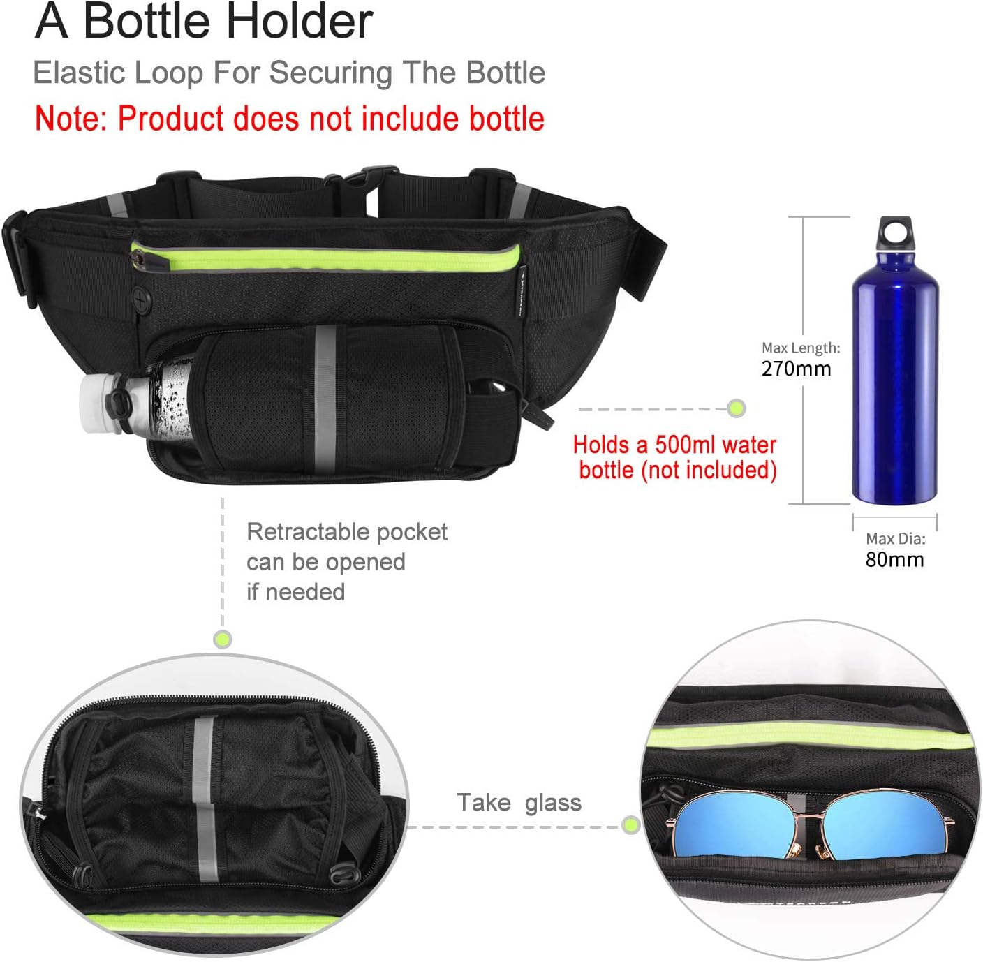 Running Belt with Water Bottle Holder Waterproof Bum Bag Cycling Waist Bag Jogging Belt Dog Walking Bag for Travel Holidays Camping Hiking Outdoor Fit for Iphone Pro Max Huawei Sumsung