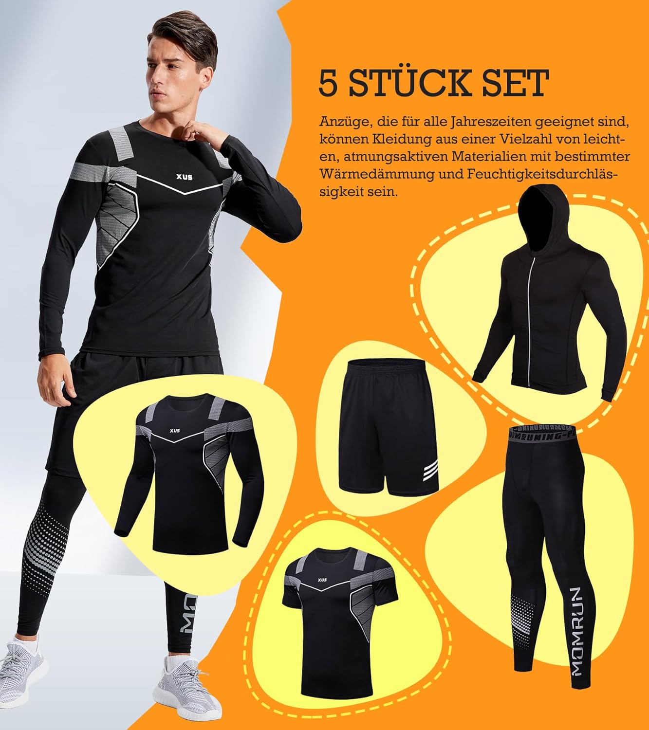5Pcs Gym Clothes Men Tracksuit Sets Running Wear Compression Shirts Sleeve Tops Jackets Long Suits Leggings Shorts Sports Activewear for Athletic