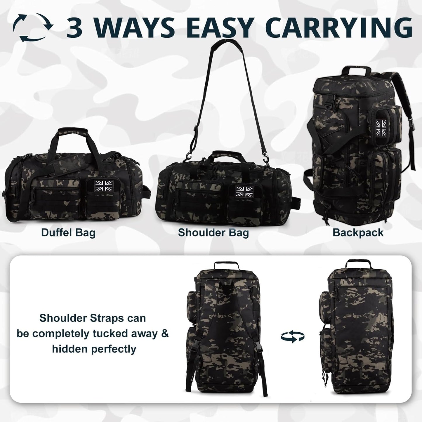 Tactical Gym Bag for Men，50L Large 3 in 1 Sports Duffle Bag with Shoes Compartment for Travel,Water Resistant Travel Backpack Weekender Overnight Bag with Wet Pocket for Women