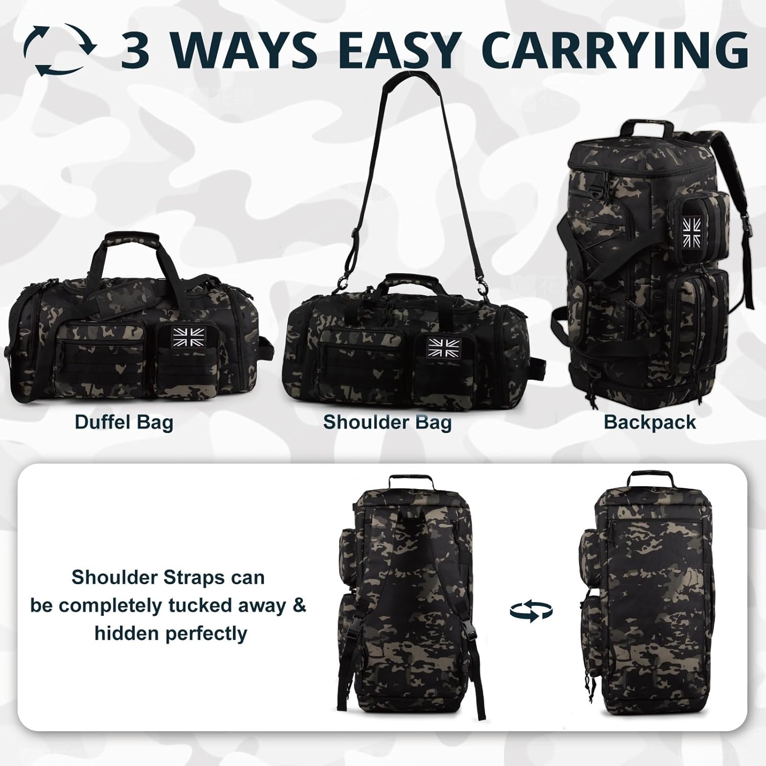 Tactical Gym Bag for Men，50L Large 3 in 1 Sports Duffle Bag with Shoes Compartment for Travel,Water Resistant Travel Backpack Weekender Overnight Bag with Wet Pocket for Women