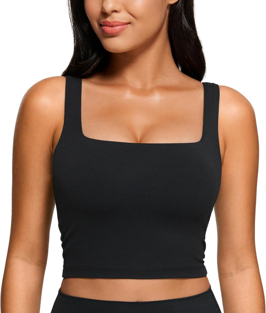 Women'S Butterluxe Square Neck Sports Bra Padded Wireless Crop Top Gym Workout Tank Tops Camisole with Built in Bra