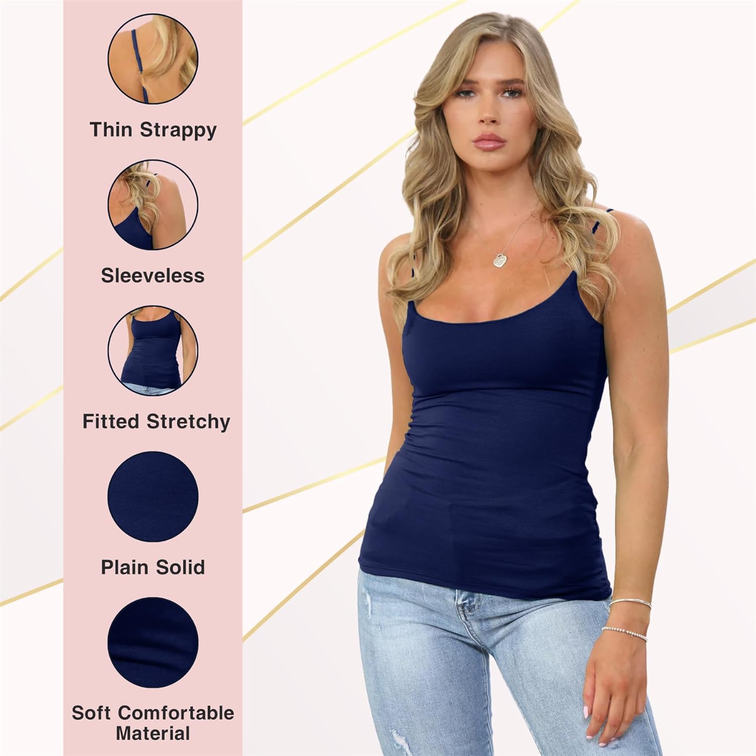 ® Womens Plain Bodycon Cami Strappy Sleeveless Tank Tops, Slim Fitted Scoop Neck Vest Tops Women UK, Stretchy Gym Wear, Casual Summer Ladies Vest