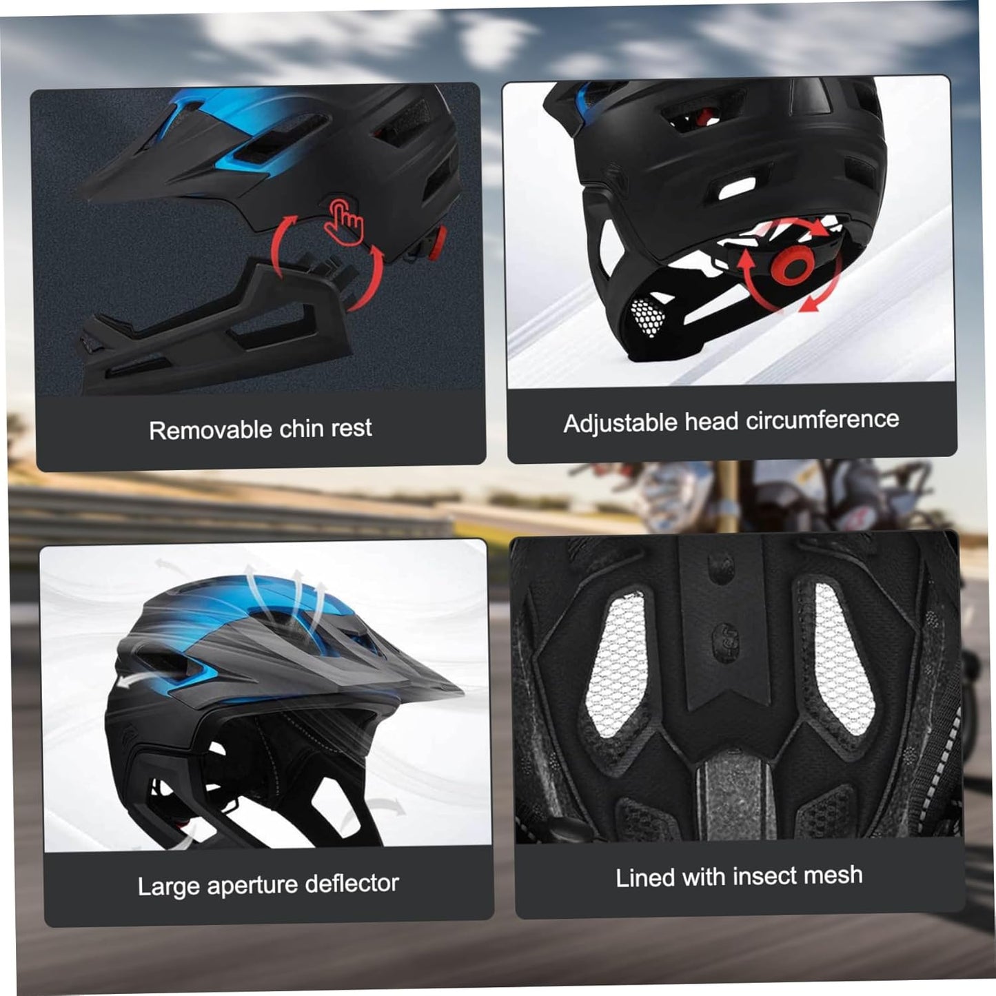 Full Face Helmet, Mountain Bike Helmet for Adult Breathable Shock-Proof PC Full Face Bike with Detachable Chin Holder & Visor Adjustable Black for Biking, Adult