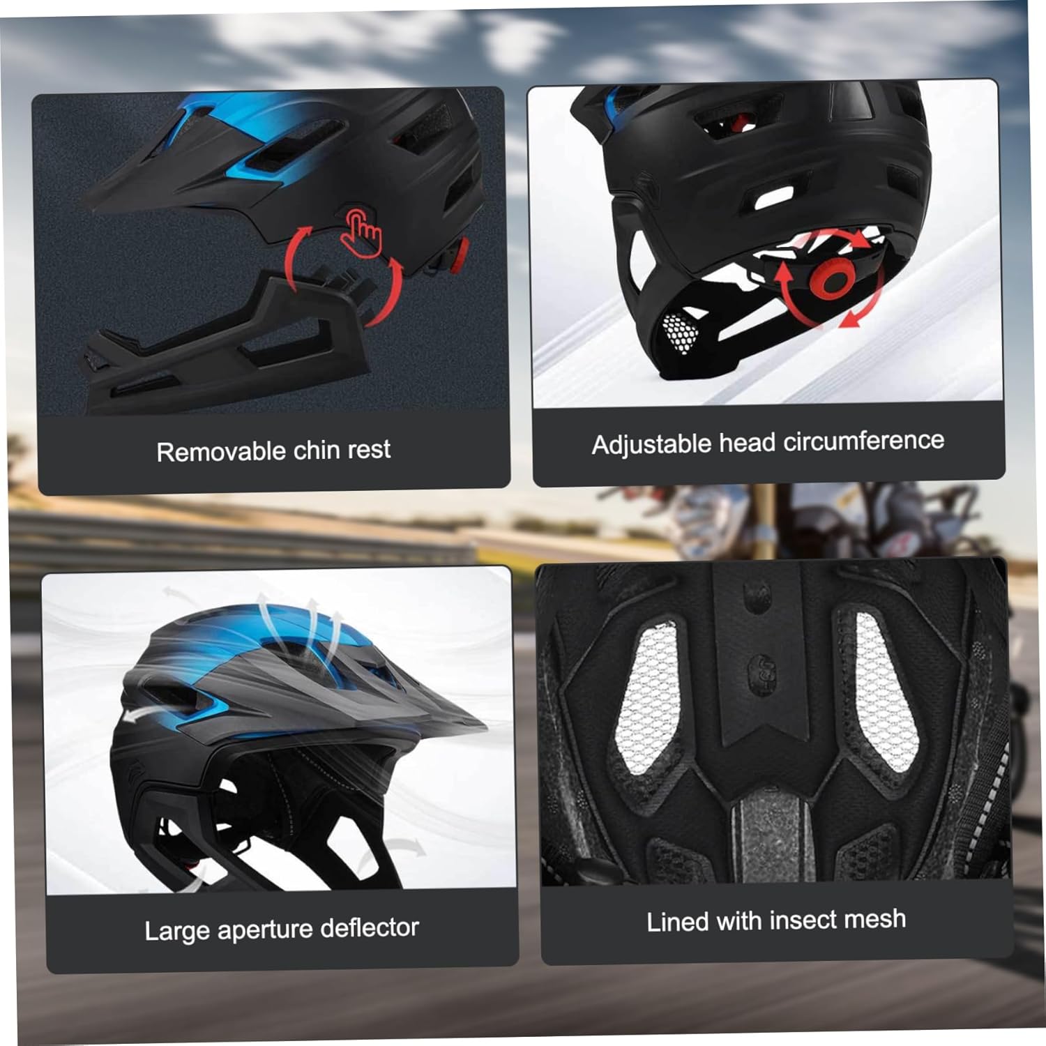 Full Face Helmet, Mountain Bike Helmet for Adult Breathable Shock-Proof PC Full Face Bike with Detachable Chin Holder & Visor Adjustable Black for Biking, Adult