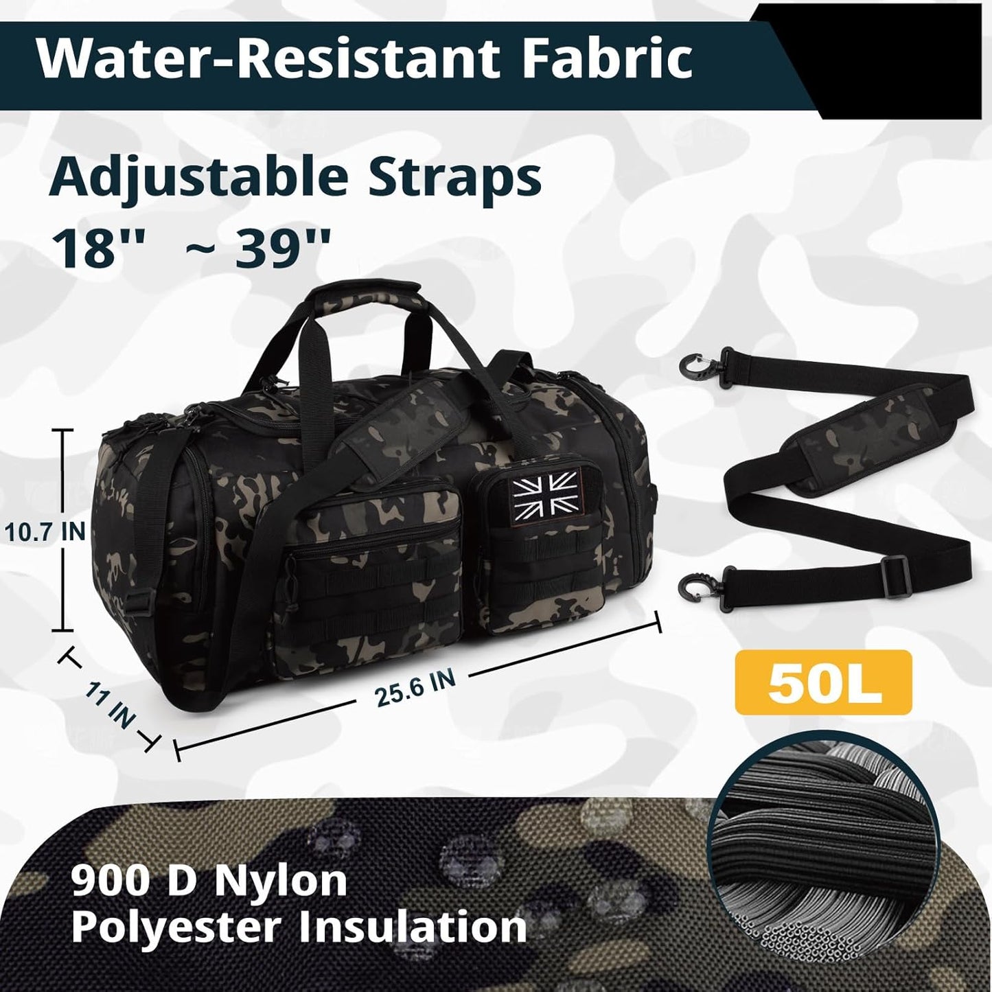 Tactical Gym Bag for Men，50L Large 3 in 1 Sports Duffle Bag with Shoes Compartment for Travel,Water Resistant Travel Backpack Weekender Overnight Bag with Wet Pocket for Women