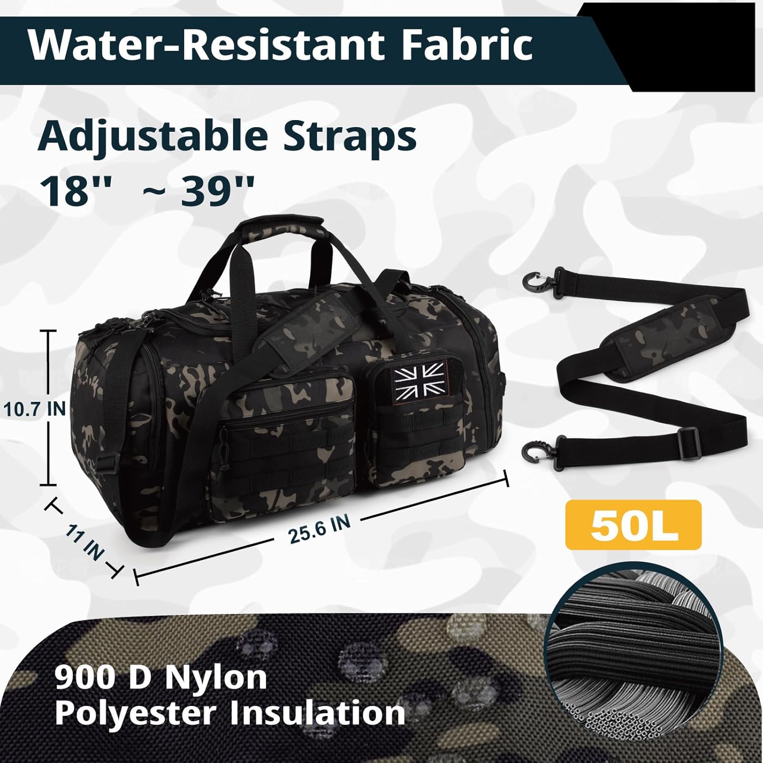 Tactical Gym Bag for Men，50L Large 3 in 1 Sports Duffle Bag with Shoes Compartment for Travel,Water Resistant Travel Backpack Weekender Overnight Bag with Wet Pocket for Women
