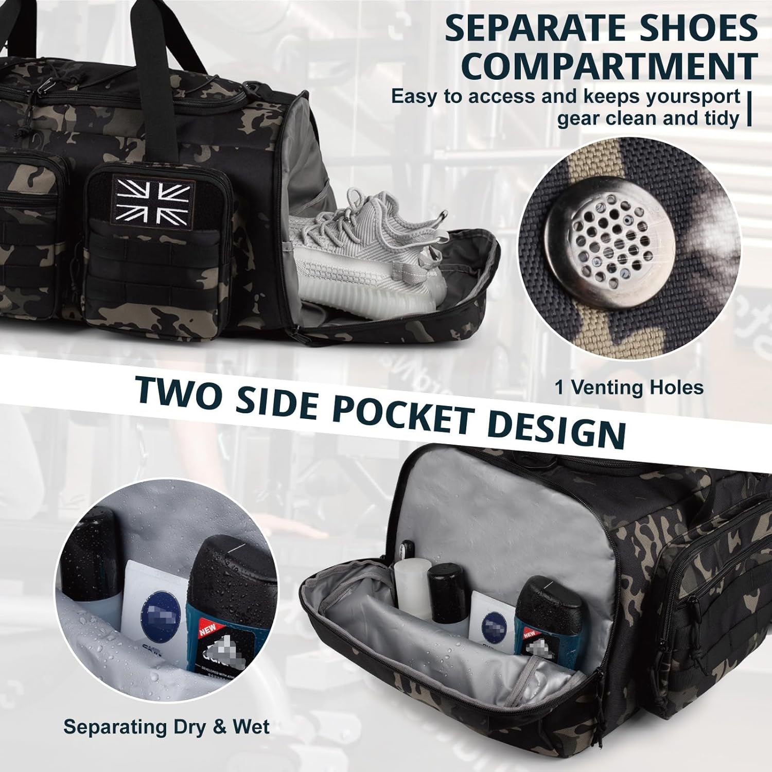 Tactical Gym Bag for Men，50L Large 3 in 1 Sports Duffle Bag with Shoes Compartment for Travel,Water Resistant Travel Backpack Weekender Overnight Bag with Wet Pocket for Women