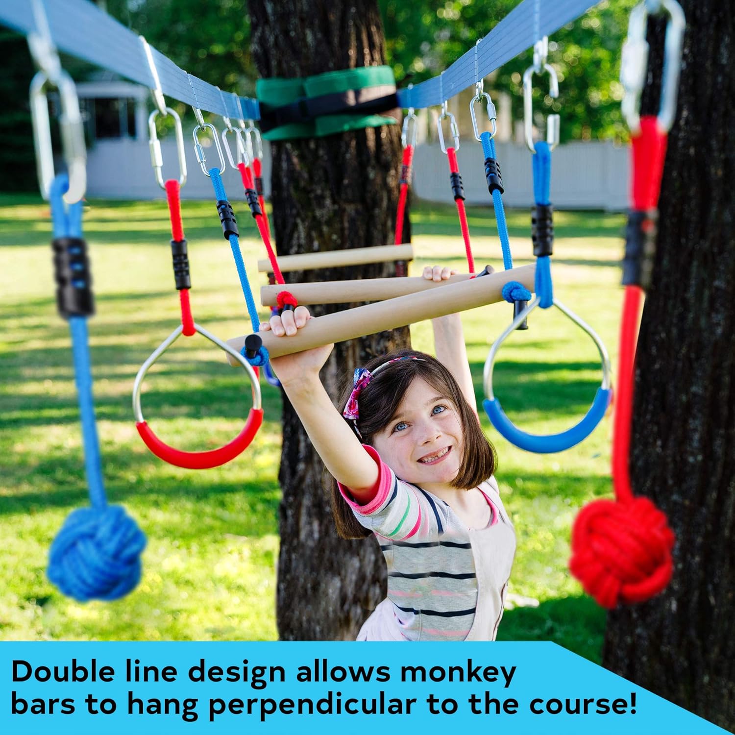Double Ninja Slackline Obstacle Course for Kids - 80 Foot Line - Monkey Bars Playground Equipment - Ninja Warrior Course with Monkey Bars for Kids - Ninja Ropes Course - Patented Double Line Design