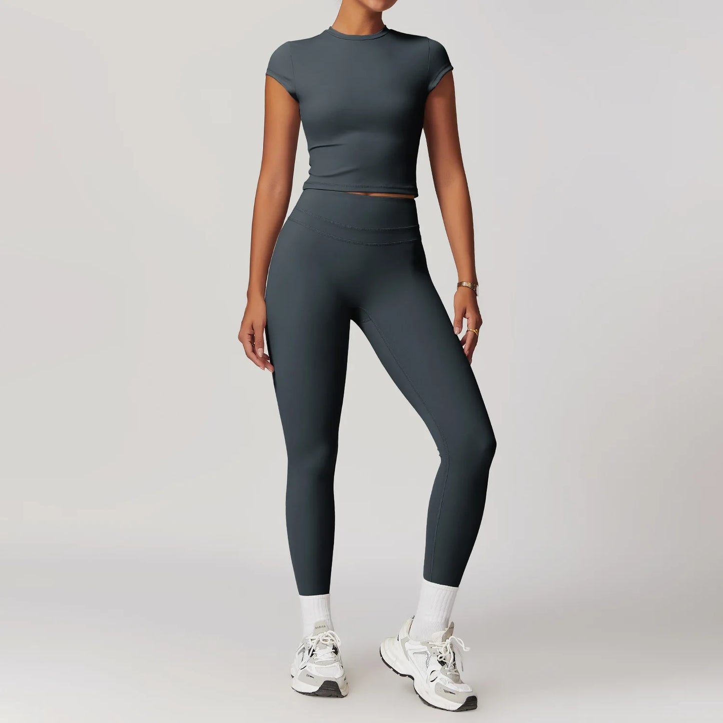 JUREN Yoga Suit 2PCS Sports Set Women Quick-Drying Gym Set Women Tracksuit Running Workout Short Sleeves Sports Yoga Clothing