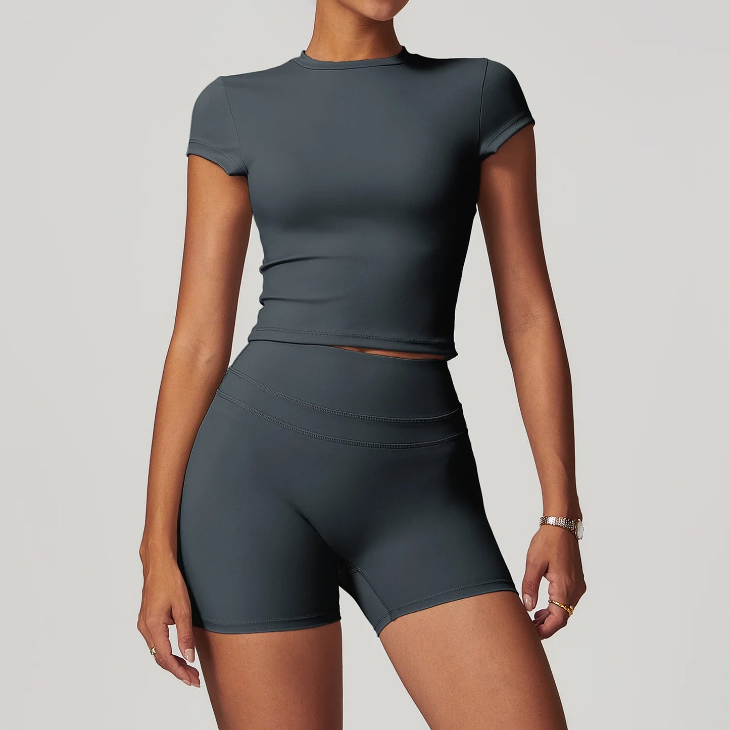 JUREN Yoga Suit 2PCS Sports Set Women Quick-Drying Gym Set Women Tracksuit Running Workout Short Sleeves Sports Yoga Clothing