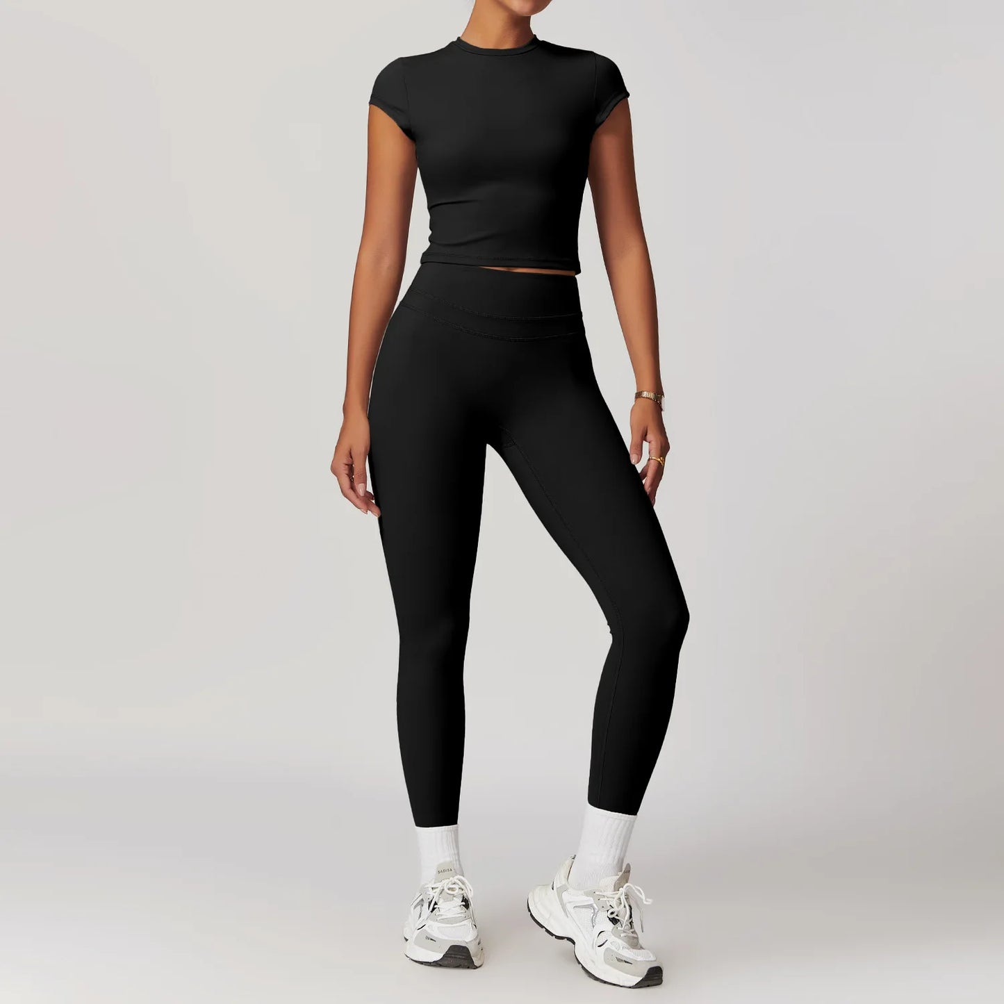 JUREN Yoga Suit 2PCS Sports Set Women Quick-Drying Gym Set Women Tracksuit Running Workout Short Sleeves Sports Yoga Clothing